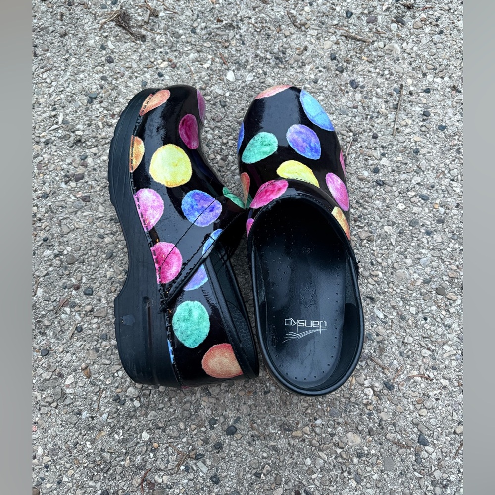 Dansko Black Clogs with Colorful Polka Dots